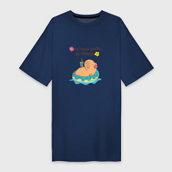 Футболка женская-платье Мем капибара и пончик: не падай духом, цвет: тёмно-синий