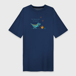 Футболка женская-платье Забавный динозавр бежит за курицей, цвет: тёмно-синий