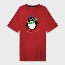 Футболка женская-платье Пингвин на коньках, цвет: красный