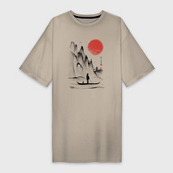 Футболка женская-платье Традиционный японский пейзаж с рыбаком и горами, цвет: миндальный