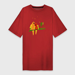 Футболка женская-платье Пара влюбленных попугаев на ветке, цвет: красный