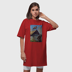 Футболка женская-платье Геральд и плотва на крыше - обложка карты из Гвинт, цвет: красный — фото 2
