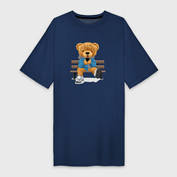 Футболка женская-платье Плюшевый медведь на скамейке, цвет: тёмно-синий