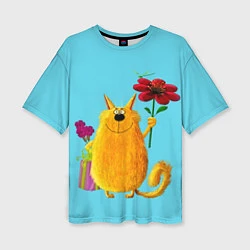 Женская футболка оверсайз Кот с цветком