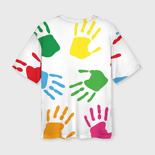 Женская футболка оверсайз Цветные ладошки - Детский узор / 3D-принт – фото 2