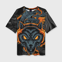 Женская футболка оверсайз Волк и дракон