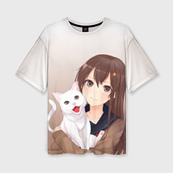 Женская футболка оверсайз Девочка и белый кот аниме