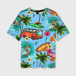 Женская футболка оверсайз Пальмы, волны, серфинг