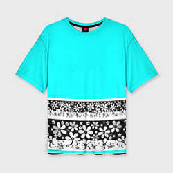 Женская футболка оверсайз Цветочный бирюзовый узор
