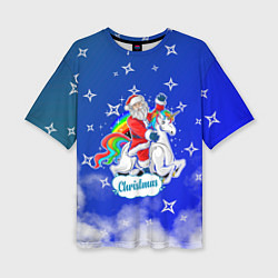 Женская футболка оверсайз Новогодний Санта с Единорогом