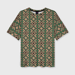 Женская футболка оверсайз Абстракция из черных, зеленых и бежевых квадратов