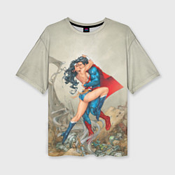 Женская футболка оверсайз The Kiss of Superman and Wonder Woman