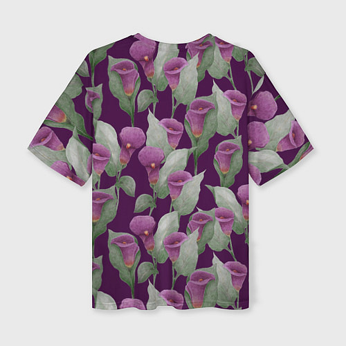 Женская футболка оверсайз Фиолетовые каллы на темно фиолетовом фоне / 3D-принт – фото 2