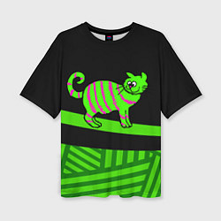 Футболка оверсайз женская Зеленый полосатый кот, цвет: 3D-принт