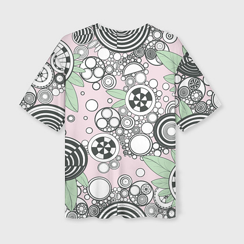 Женская футболка оверсайз Абстрактные черно-белые круги в зелёных листьях / 3D-принт – фото 2