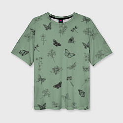 Женская футболка оверсайз Цветочки и бабочки на зеленом фоне