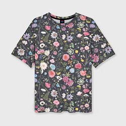 Женская футболка оверсайз Разные цветы, листья, травы на темном фоне