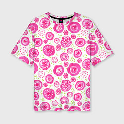 Женская футболка оверсайз Яркие розовые цветы в дудл стиле, абстракция