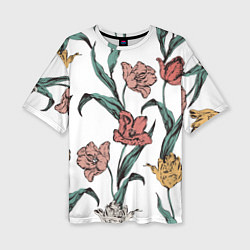 Женская футболка оверсайз Цветы Разноцветные Тюльпаны