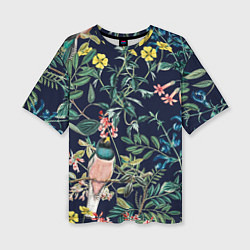 Женская футболка оверсайз Цветы и Розовые Птицы В Саду