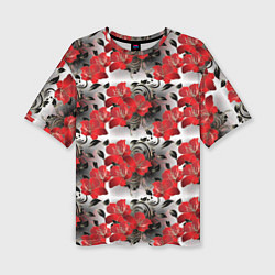 Женская футболка оверсайз Красные абстрактные цветы