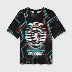Женская футболка оверсайз Sporting FC в стиле Glitch на темном фоне