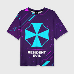 Женская футболка оверсайз Символ Resident Evil в неоновых цветах на темном ф
