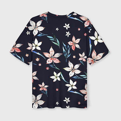 Женская футболка оверсайз Цветы Нарисованные Акварелью На Чёрном Фоне / 3D-принт – фото 2