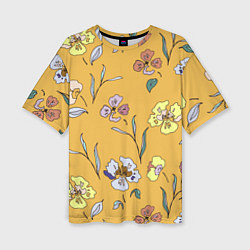 Женская футболка оверсайз Цветы Нарисованные На Золотом Фоне