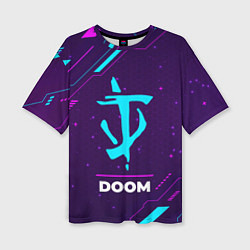 Женская футболка оверсайз Символ Doom в неоновых цветах на темном фоне