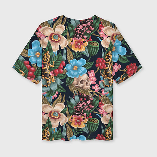 Женская футболка оверсайз Паттерн из цветов, черепов и саламандр / 3D-принт – фото 2