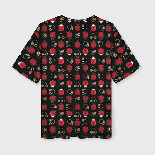 Женская футболка оверсайз Красные Божьи коровки на черном фоне ladybug / 3D-принт – фото 2