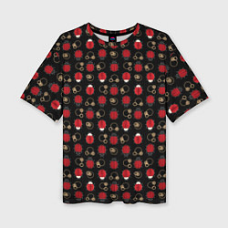 Женская футболка оверсайз Красные Божьи коровки на черном фоне ladybug