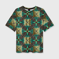 Женская футболка оверсайз Золотые и зеленые квадраты абстракция