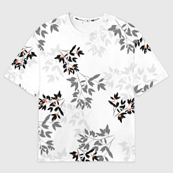 Футболка оверсайз женская Черные и серые ветки с красными ягодами, паттерн, цвет: 3D-принт
