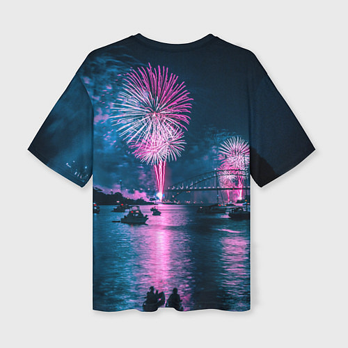 Женская футболка оверсайз Неоновый салют над рекой ночью - Синий / 3D-принт – фото 2