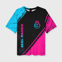 Женская футболка оверсайз Real Madrid - neon gradient: символ и надпись верт