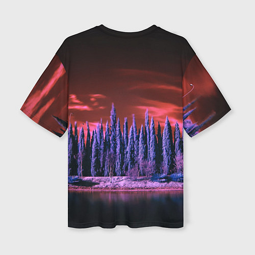 Женская футболка оверсайз Абстрактный фиолетовый лес и тёмная река / 3D-принт – фото 2