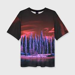 Женская футболка оверсайз Абстрактный фиолетовый лес и тёмная река
