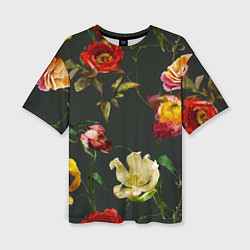 Женская футболка оверсайз Цветы Нарисованные Красные Розы и Лилии На Коричне