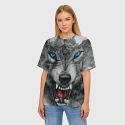 Футболка оверсайз женская Агрессивный волк с синими глазами, цвет: 3D-принт — фото 2