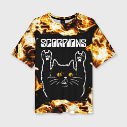 Футболка оверсайз женская Scorpions рок кот и огонь, цвет: 3D-принт