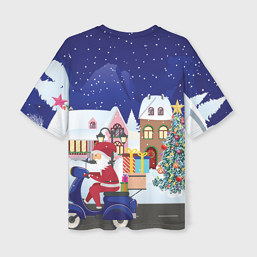Женская футболка оверсайз Дед Мороз едет на скутере с подарками в Новогоднюю / 3D-принт – фото 2