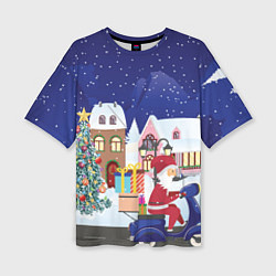 Женская футболка оверсайз Дед Мороз едет на скутере с подарками в Новогоднюю