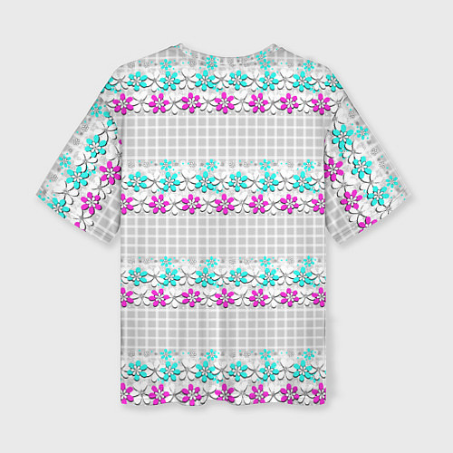 Женская футболка оверсайз Цветочный узор бирюзово-розовый на сером клетчатом / 3D-принт – фото 2