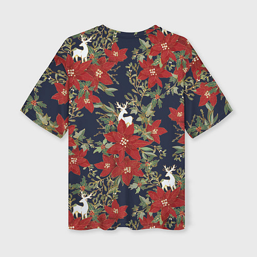 Женская футболка оверсайз Новый год 2023 красные цветы и олени / 3D-принт – фото 2