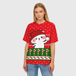 Футболка оверсайз женская Белый котик - игра в снежки, цвет: 3D-принт — фото 2