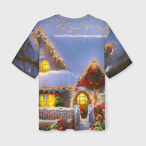 Женская футболка оверсайз Украшенный новогодний коттедж и снежные сугробы / 3D-принт – фото 2