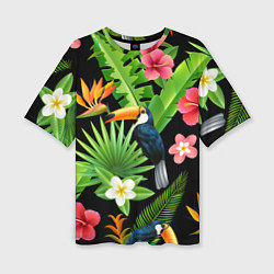 Женская футболка оверсайз Тропический паттерн с туканом