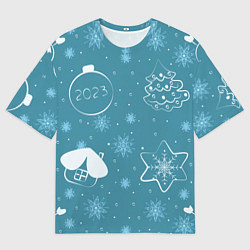 Футболка оверсайз женская Новогодние снежинки на голубом фоне, цвет: 3D-принт